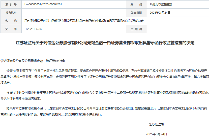 信达证券某营业部收警示函 个别员工要求客户填假信息