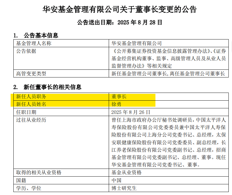 官宣了，公募巨头董事长变更