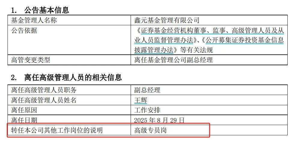 2000亿公募，副总转任高级专员！
